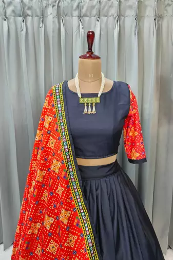 Black Color Digital Print And Mirror Work Cotton Lehenga Choli