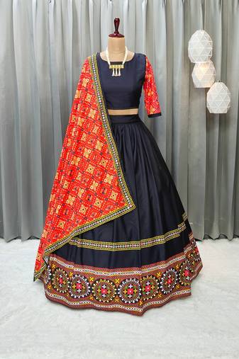 Black Color Digital Print And Mirror Work Cotton Lehenga Choli