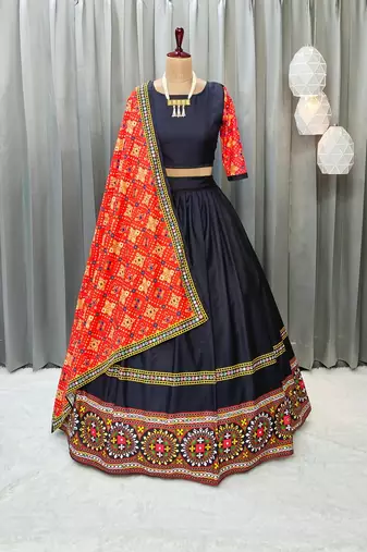Black Color Digital Print And Mirror Work Cotton Lehenga Choli
