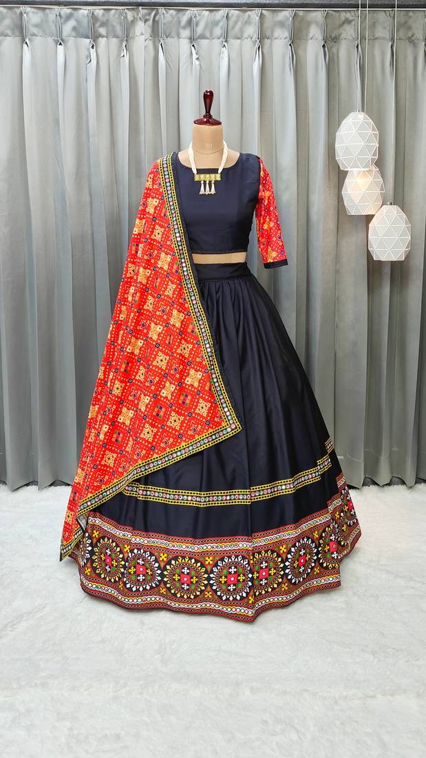 Black Color Digital Print And Mirror Work Cotton Lehenga Choli