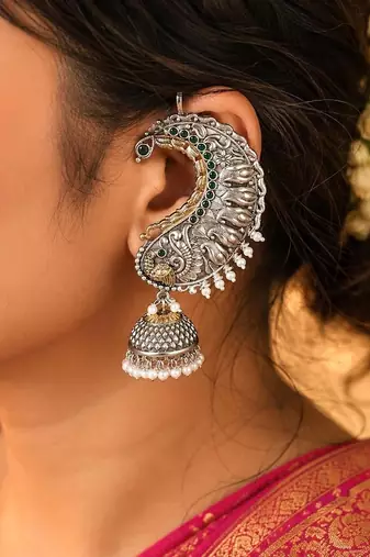 Oxidized Peacock Ear Cuff Earrings, Silver Jhumka Ear Wrap, No Piercing Statement Earring