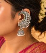 Oxidized Peacock Ear Cuff Earrings, Silver Jhumka Ear Wrap, No Piercing Statement Earring