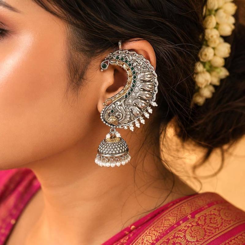 Oxidized Peacock Ear Cuff Earrings, Silver Jhumka Ear Wrap, No Piercing Statement Earring