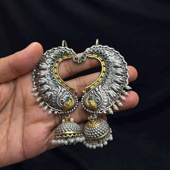 Oxidized Peacock Ear Cuff Earrings, Silver Jhumka Ear Wrap, No Piercing Statement Earring 2