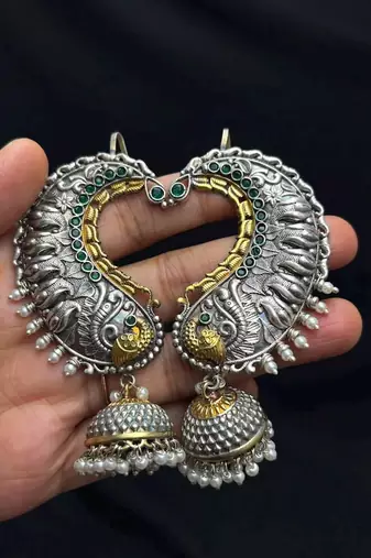 Oxidized Peacock Ear Cuff Earrings, Silver Jhumka Ear Wrap, No Piercing Statement Earring