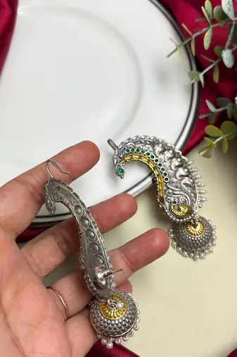 Oxidized Peacock Ear Cuff Earrings, Silver Jhumka Ear Wrap, No Piercing Statement Earring