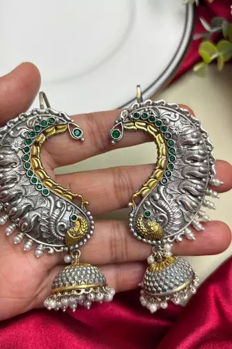 Oxidized Peacock Ear Cuff Earrings, Silver Jhumka Ear Wrap, No Piercing Statement Earring