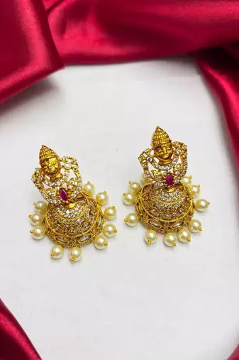Lakshmi Jhumka Earrings, Brass Temple Earrings, Pearl Drop Indian Bridal Earrings