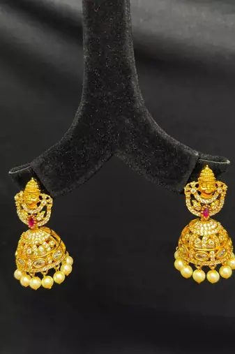 Lakshmi Jhumka Earrings, Brass Temple Earrings, Pearl Drop Indian Bridal Earrings