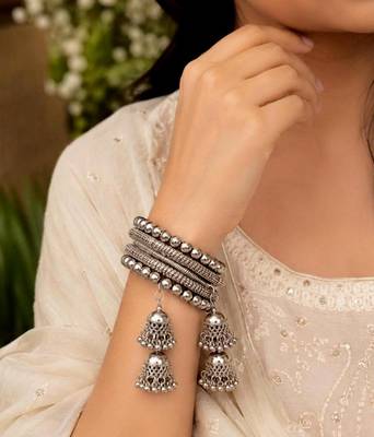 Oxidized Silver Jhumka Bangle Bracelet, Boho Tribal Kada, Adjustable Indian Statement Cuff 1