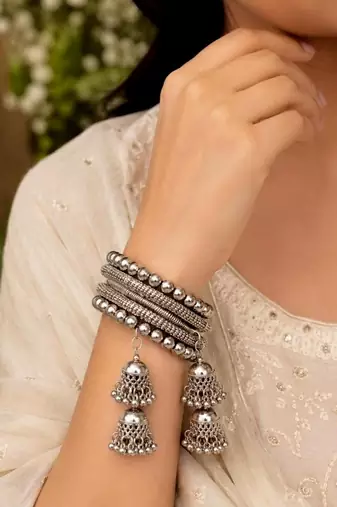 Oxidized Silver Jhumka Bangle Bracelet, Boho Tribal Kada, Adjustable Indian Statement Cuff