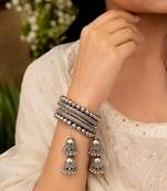 Oxidized Silver Jhumka Bangle Bracelet, Boho Tribal Kada, Adjustable Indian Statement Cuff