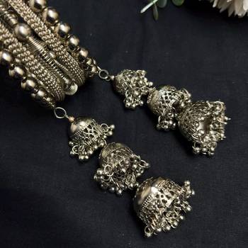 Oxidized Silver Jhumka Bangle Bracelet, Boho Tribal Kada, Adjustable Indian Statement Cuff 3