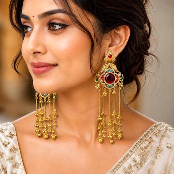 Indian Statement Earrings, Long Multicolor stone Earrings, Red Bridal Kashmiri Jhumka Earrings 1