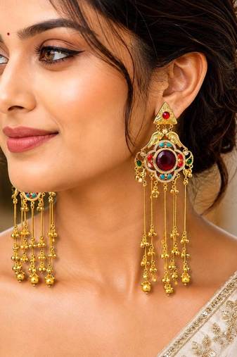 Indian Statement Earrings, Long Multicolor stone Earrings, Red Bridal Kashmiri Jhumka Earrings