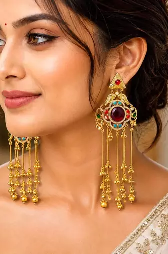 Indian Statement Earrings, Long Multicolor stone Earrings, Red Bridal Kashmiri Jhumka Earrings