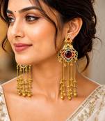 Indian Statement Earrings, Long Multicolor stone Earrings, Red Bridal Kashmiri Jhumka Earrings