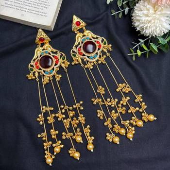 Indian Statement Earrings, Long Multicolor stone Earrings, Red Bridal Kashmiri Jhumka Earrings 2