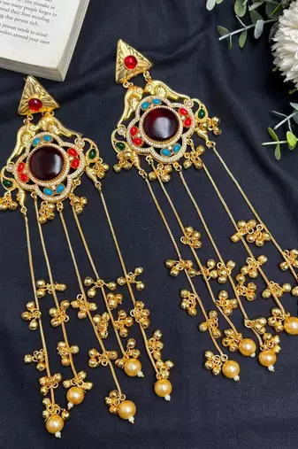 Indian Statement Earrings, Long Multicolor stone Earrings, Red Bridal Kashmiri Jhumka Earrings