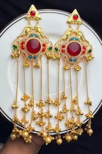 Indian Statement Earrings, Long Multicolor stone Earrings, Red Bridal Kashmiri Jhumka Earrings