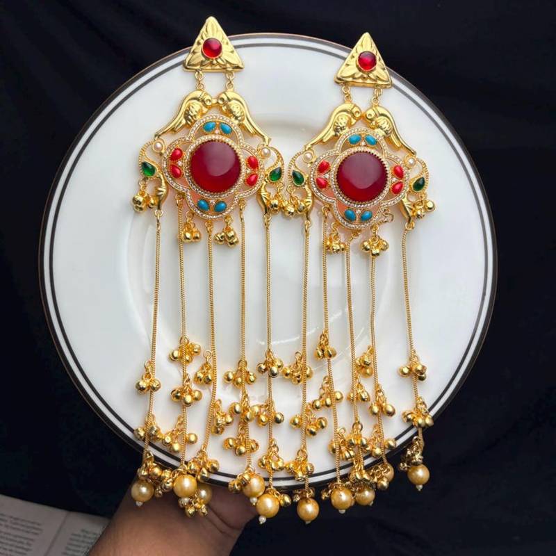 Indian Statement Earrings, Long Multicolor stone Earrings, Red Bridal Kashmiri Jhumka Earrings