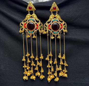 Indian Statement Earrings, Long Multicolor stone Earrings, Red Bridal Kashmiri Jhumka Earrings 4