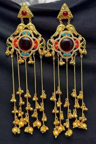 Indian Statement Earrings, Long Multicolor stone Earrings, Red Bridal Kashmiri Jhumka Earrings
