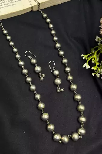Oxidized Silver Ball Bead Long Necklace Set, German Silver Necklace Earrings Set