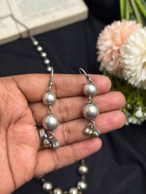 Oxidized Silver Ball Bead Long Necklace Set, German Silver Necklace Earrings Set 3