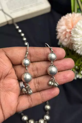 Oxidized Silver Ball Bead Long Necklace Set, German Silver Necklace Earrings Set