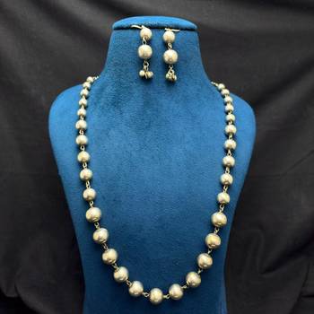 Oxidized Silver Ball Bead Long Necklace Set, German Silver Necklace Earrings Set 4
