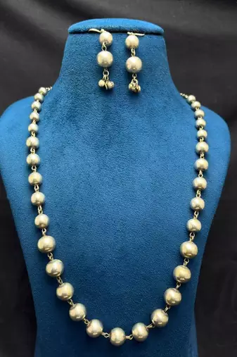 Oxidized Silver Ball Bead Long Necklace Set, German Silver Necklace Earrings Set