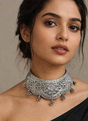 Tribal Silver Choker | Oxidized Floral Statement Necklace | Boho Ethnic Collar 1