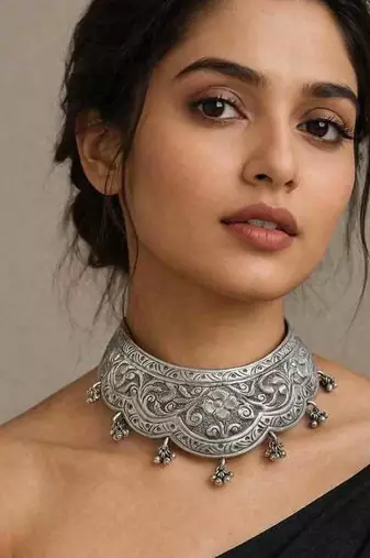Tribal Silver Choker | Oxidized Floral Statement Necklace | Boho Ethnic Collar