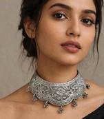 Tribal Silver Choker | Oxidized Floral Statement Necklace | Boho Ethnic Collar
