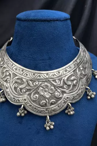 Tribal Silver Choker | Oxidized Floral Statement Necklace | Boho Ethnic Collar