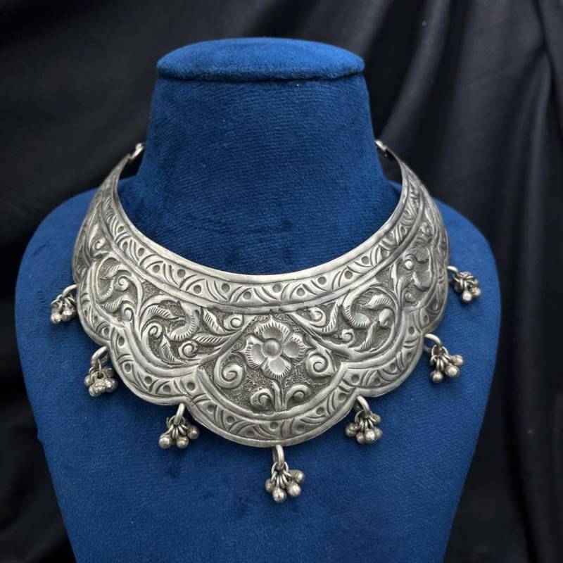 Tribal Silver Choker | Oxidized Floral Statement Necklace | Boho Ethnic Collar