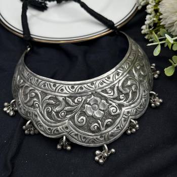 Tribal Silver Choker | Oxidized Floral Statement Necklace | Boho Ethnic Collar 3