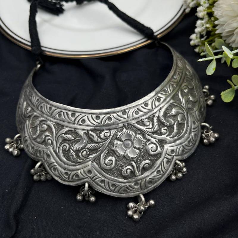 Tribal Silver Choker | Oxidized Floral Statement Necklace | Boho Ethnic Collar