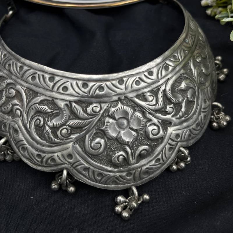 Tribal Silver Choker | Oxidized Floral Statement Necklace | Boho Ethnic Collar
