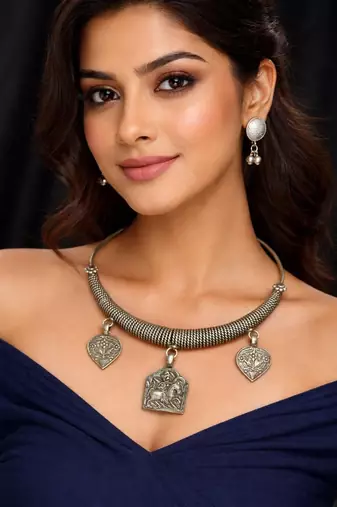Tribal Silver Choker Set | Boho Oxidized Hasli Necklace & Earrings | Statement Ethnic Jewelry