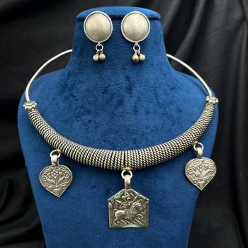 Tribal Silver Choker Set | Boho Oxidized Hasli Necklace & Earrings | Statement Ethnic Jewelry 2