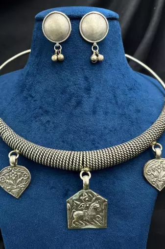 Tribal Silver Choker Set | Boho Oxidized Hasli Necklace & Earrings | Statement Ethnic Jewelry