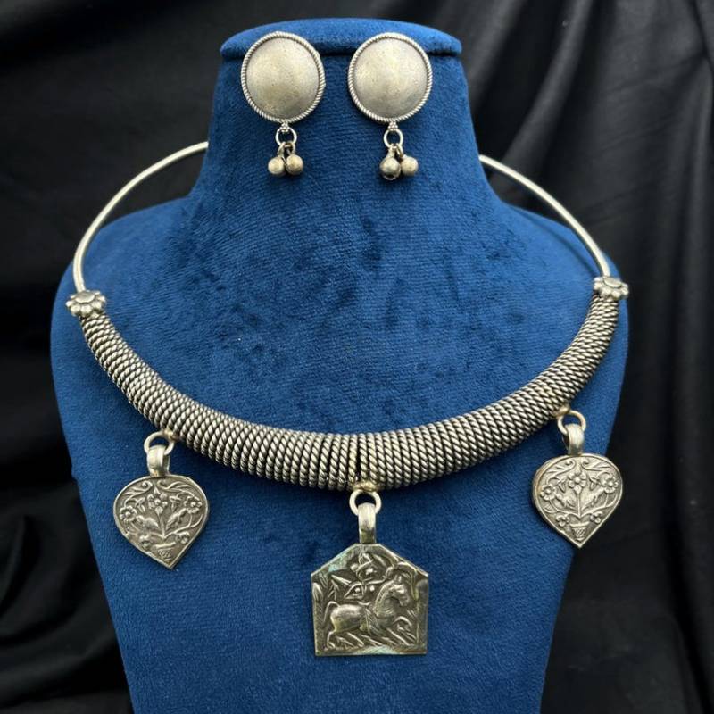 Tribal Silver Choker Set | Boho Oxidized Hasli Necklace & Earrings | Statement Ethnic Jewelry