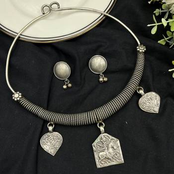 Tribal Silver Choker Set | Boho Oxidized Hasli Necklace & Earrings | Statement Ethnic Jewelry 3