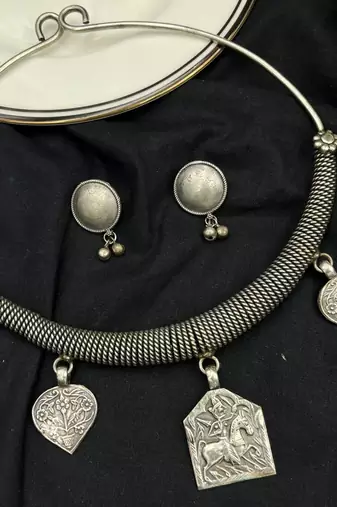 Tribal Silver Choker Set | Boho Oxidized Hasli Necklace & Earrings | Statement Ethnic Jewelry