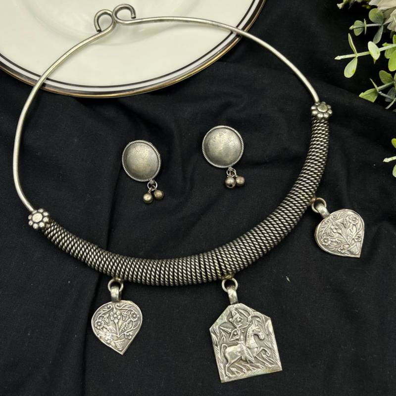 Tribal Silver Choker Set | Boho Oxidized Hasli Necklace & Earrings | Statement Ethnic Jewelry