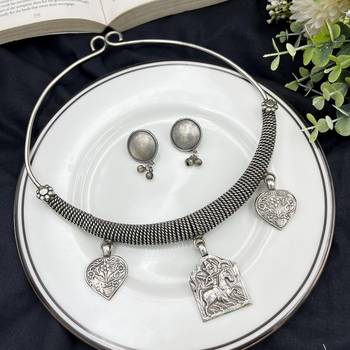 Tribal Silver Choker Set | Boho Oxidized Hasli Necklace & Earrings | Statement Ethnic Jewelry 4