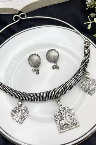 Tribal Silver Choker Set | Boho Oxidized Hasli Necklace & Earrings | Statement Ethnic Jewelry