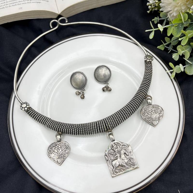 Tribal Silver Choker Set | Boho Oxidized Hasli Necklace & Earrings | Statement Ethnic Jewelry